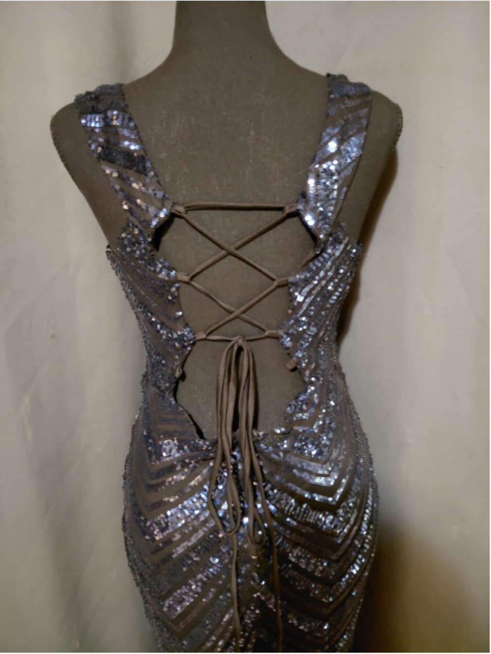 Windsor Blue Black Sequins Mermaid Geometric Lace Up Open Back Prom Dress Gown L - Picture 6 of 11